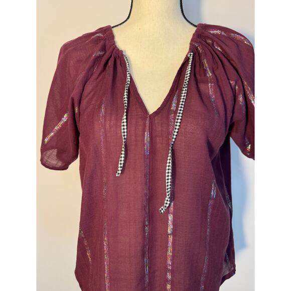 Ace & Jig Short Sleeve Top S Maroon Red Purple Metallic Stripe Blouse - Picture 2 of 7